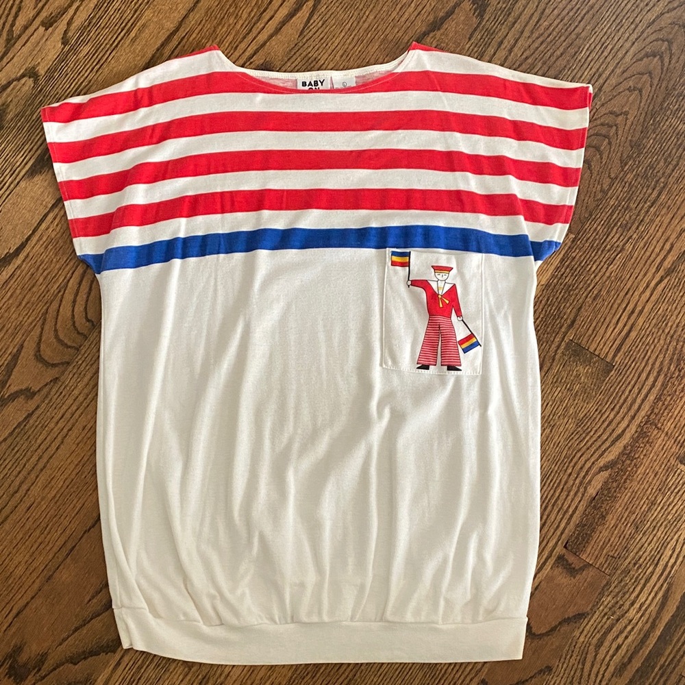 Vintage White Tee with Red Stripes and Blue Band, Nautical Pocket Detail